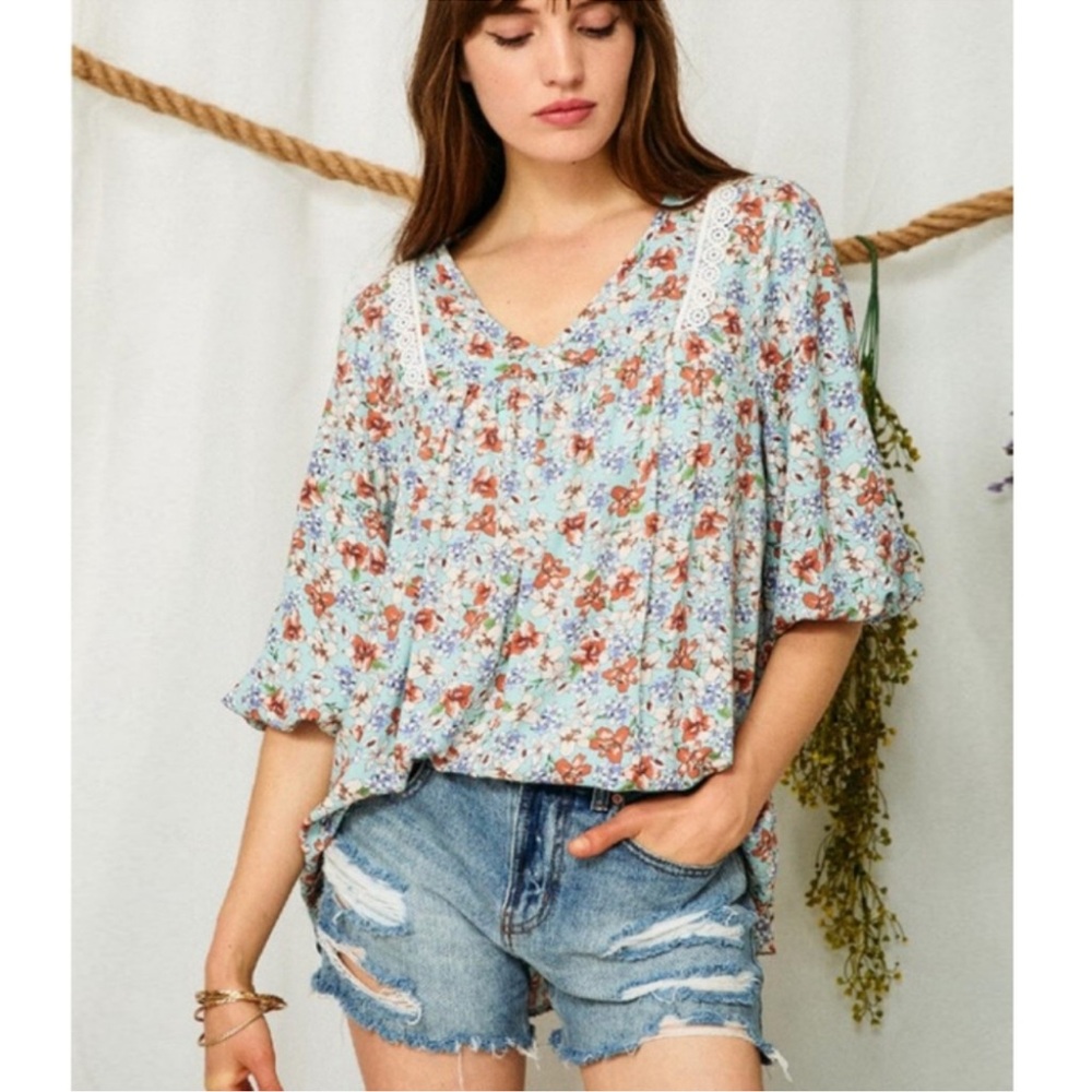 New Floral Lace Trimmed Boho Blouse